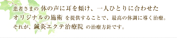 患者さまの 体の声に耳を傾け、一人ひとりに合わせた オリジナルの施術 を提供することで、最高の体調に導く治療。 それが、鍼灸エクテ治療院 の治療方針です。